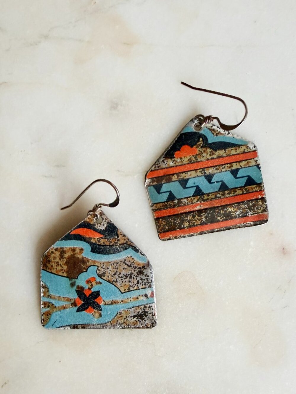 Mineral Spirit Handmade Reclaimed Vintage Tin Geometric Dangle Earrings Like New